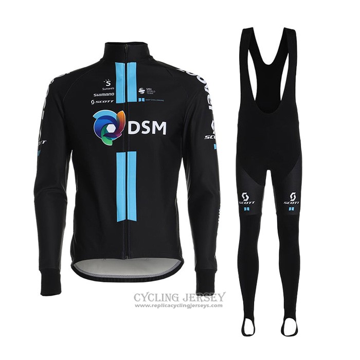 2021 Cycling Jersey DSM Black Blue Long Sleeve And Bib Tight